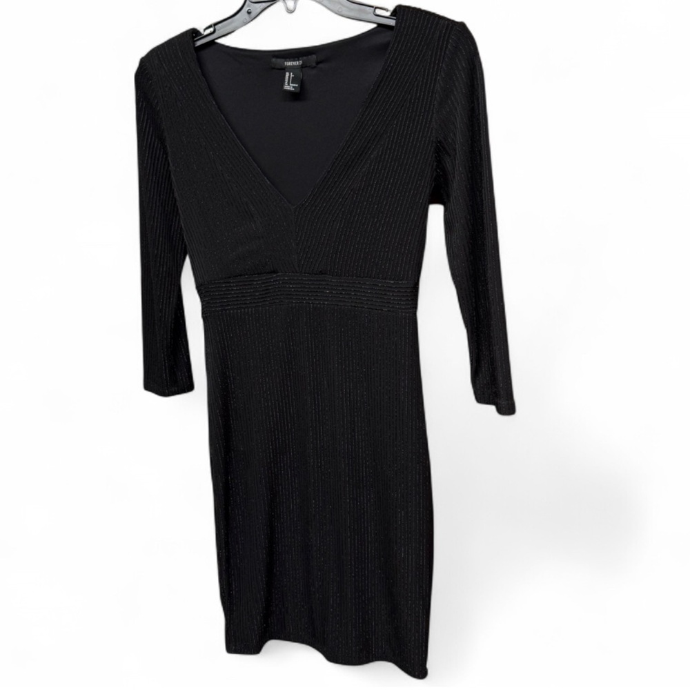 Forever 21 Black Metallic Ribbed V-Neck Mini Dress - Smalll - Picture 3 of 7